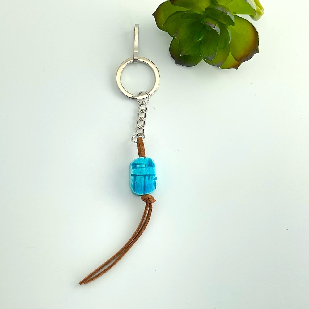 Blue Scarab Key Ring, Purse Charm, Vegan Suede Tassel, Ancient Egypt